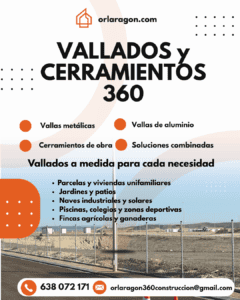 En ORL 360, somos especialistas en vallados, cerramientos y soluciones perimetrales para todo tipo de espacios en Zaragoza y provincia.
Con más de 20 años de experiencia en el sector de la construcción y rehabilitación, ofrecemos un servicio integral adaptado a las necesidades de cada cliente: particulares, empresas, fincas, comunidades o instituciones públicas.